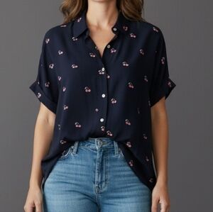 TRUE CRAFT Navy Blue Pink Cherry Button Down Oversized  Short Sleeve Shirt
